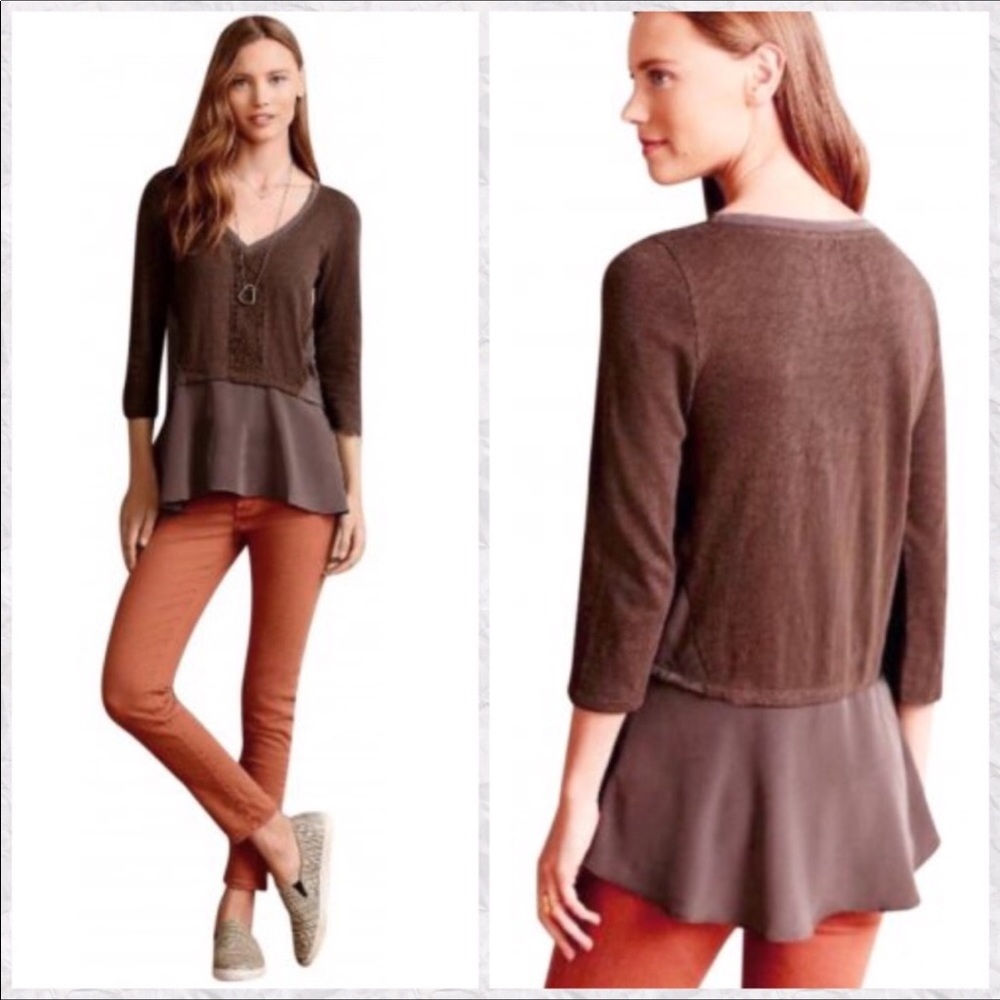 Anthropologie Meadow Rue Slub 3/4 Sleeve V-Neck Top‎